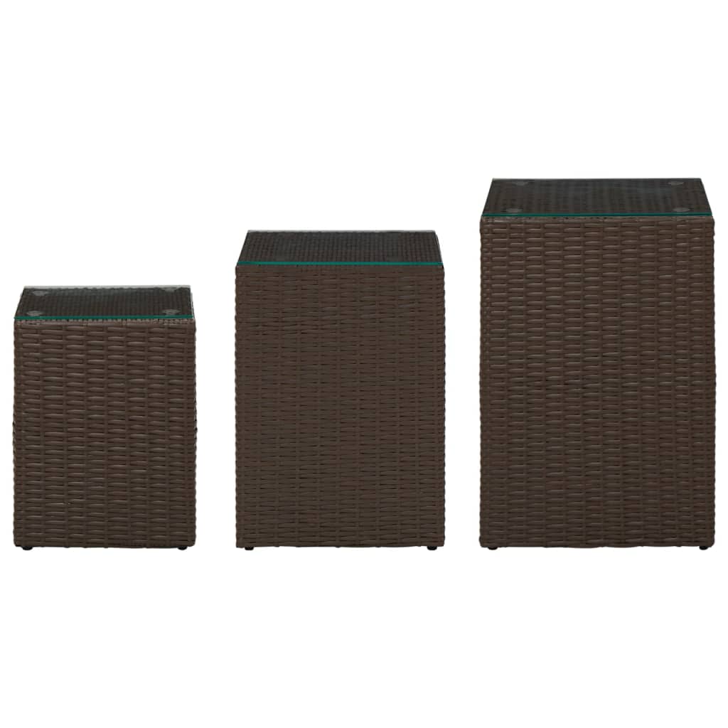 vidaXL Side Tables 3 pcs with Glass Top Brown Poly Rattan