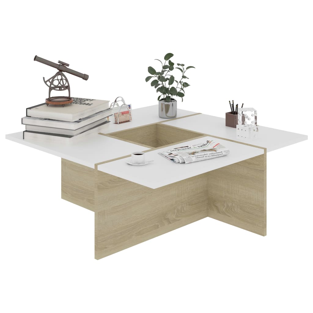 vidaXL Coffee Table White and Sonoma Oak 31.3"x31.3"x11.8" Chipboard