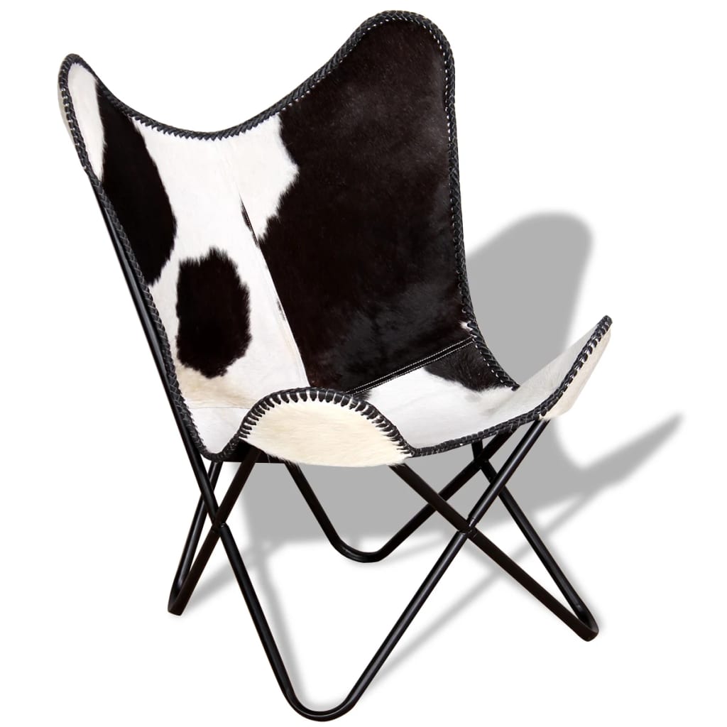 vidaXL Butterfly Chair Black and White Real Cowhide Leather