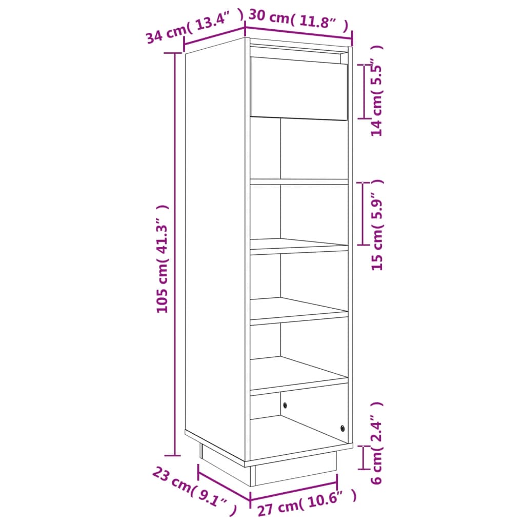 vidaXL Shoe Cabinet White 13.4"x11.8"x41.3" Solid Wood Pine