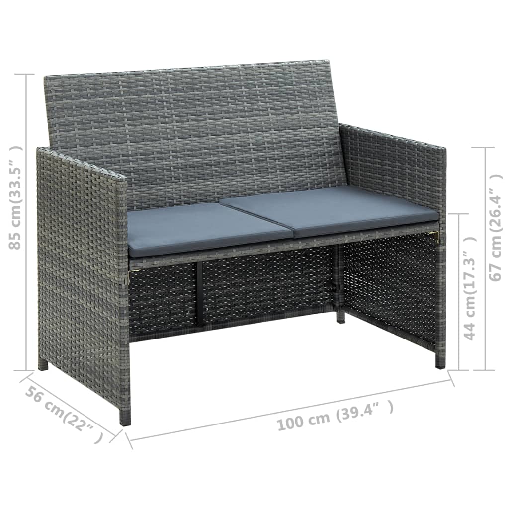 vidaXL 2 Seater Patio Sofa with Cushions Gray Poly Rattan