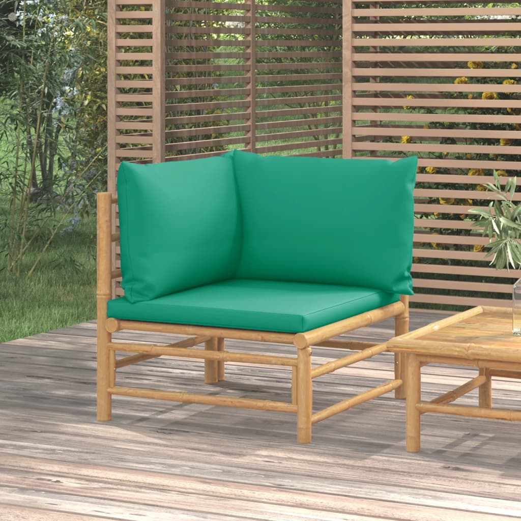 vidaXL Patio Corner Sofa with Green Cushions Bamboo