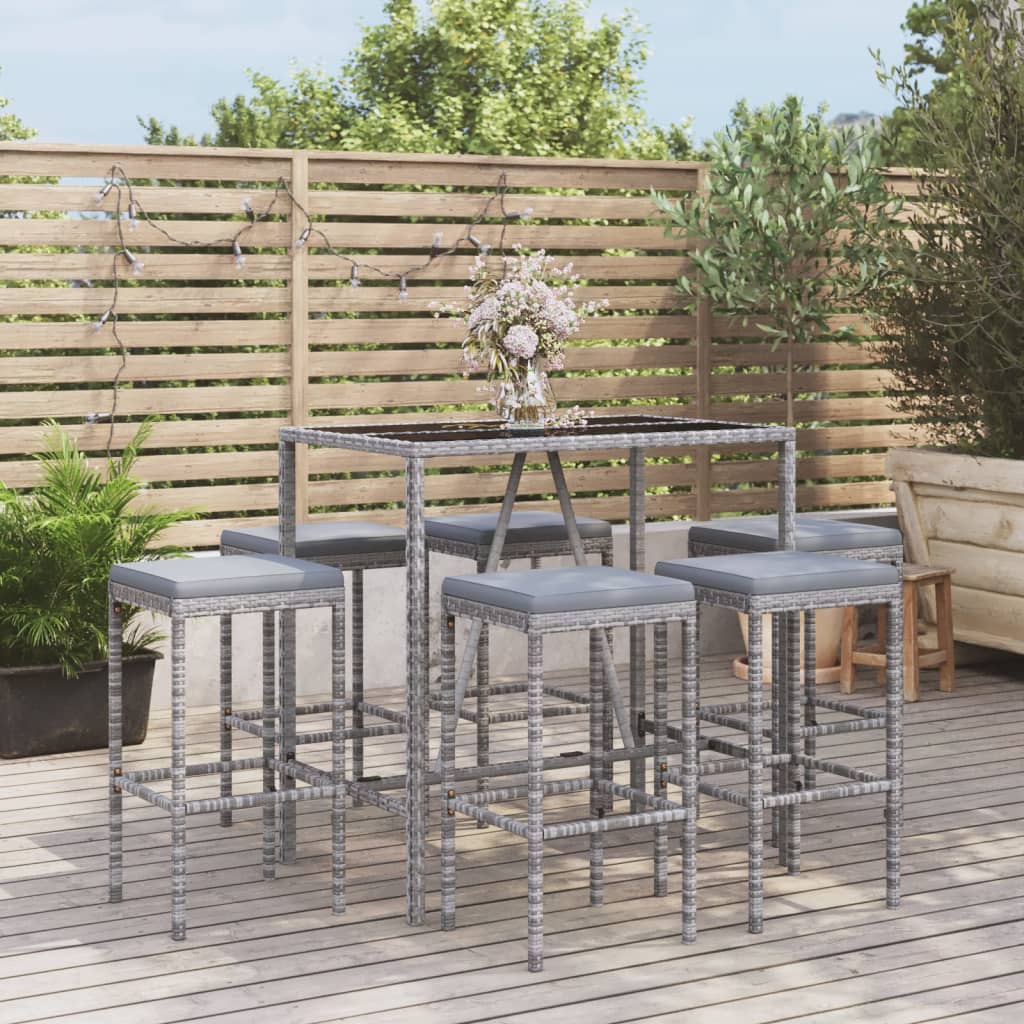 vidaXL 7 Piece Patio Bar Set with Cushions Gray Poly Rattan