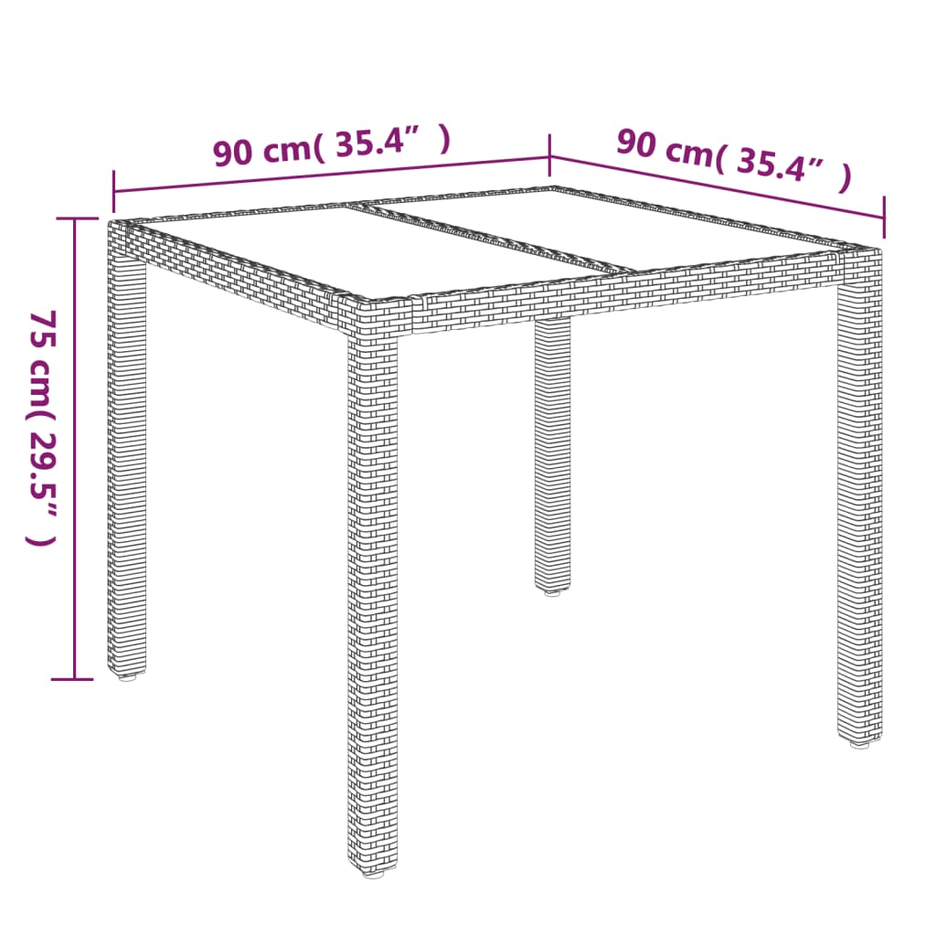 vidaXL Patio Table with Glass Top Black 35.4"x35.4"x29.5" Poly Rattan
