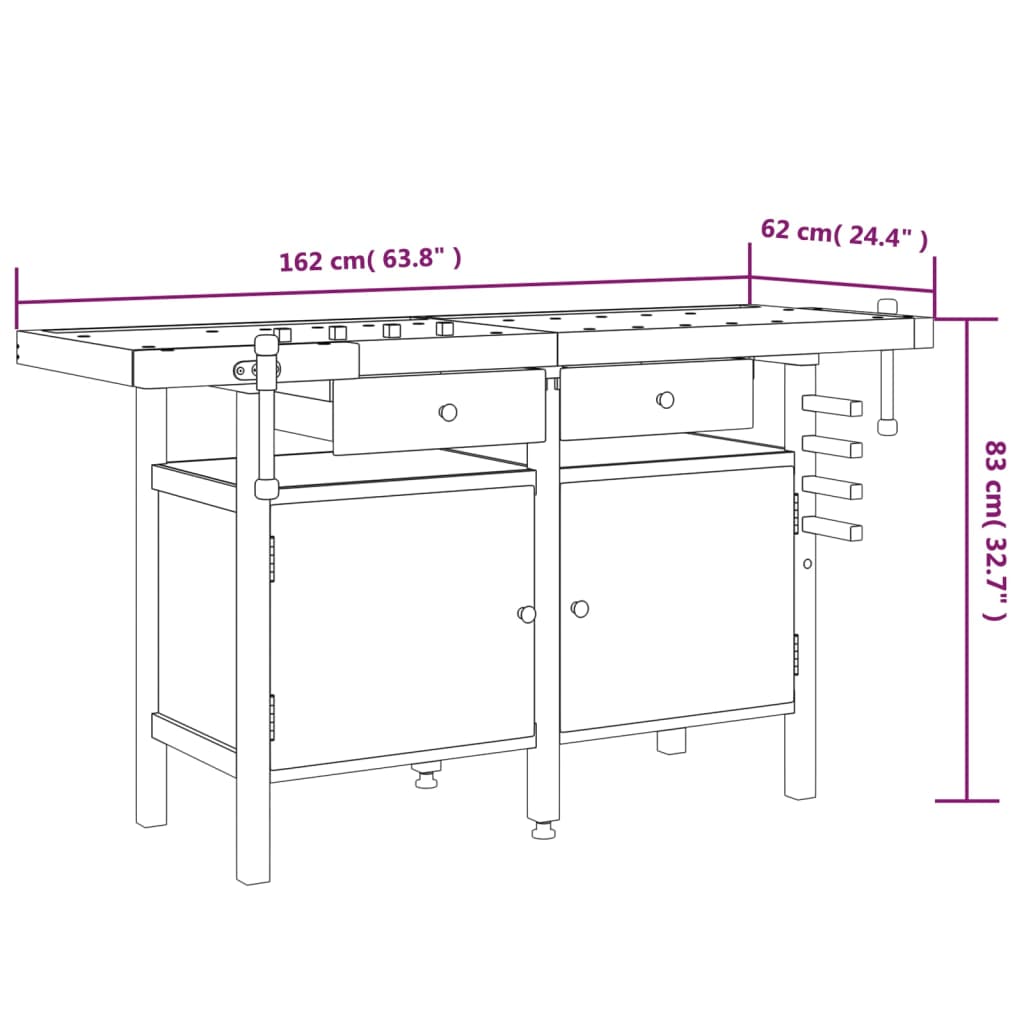 vidaXL Workbench with Drawers and Vices 63.8"x24.4"x32.7" Solid Wood Acacia