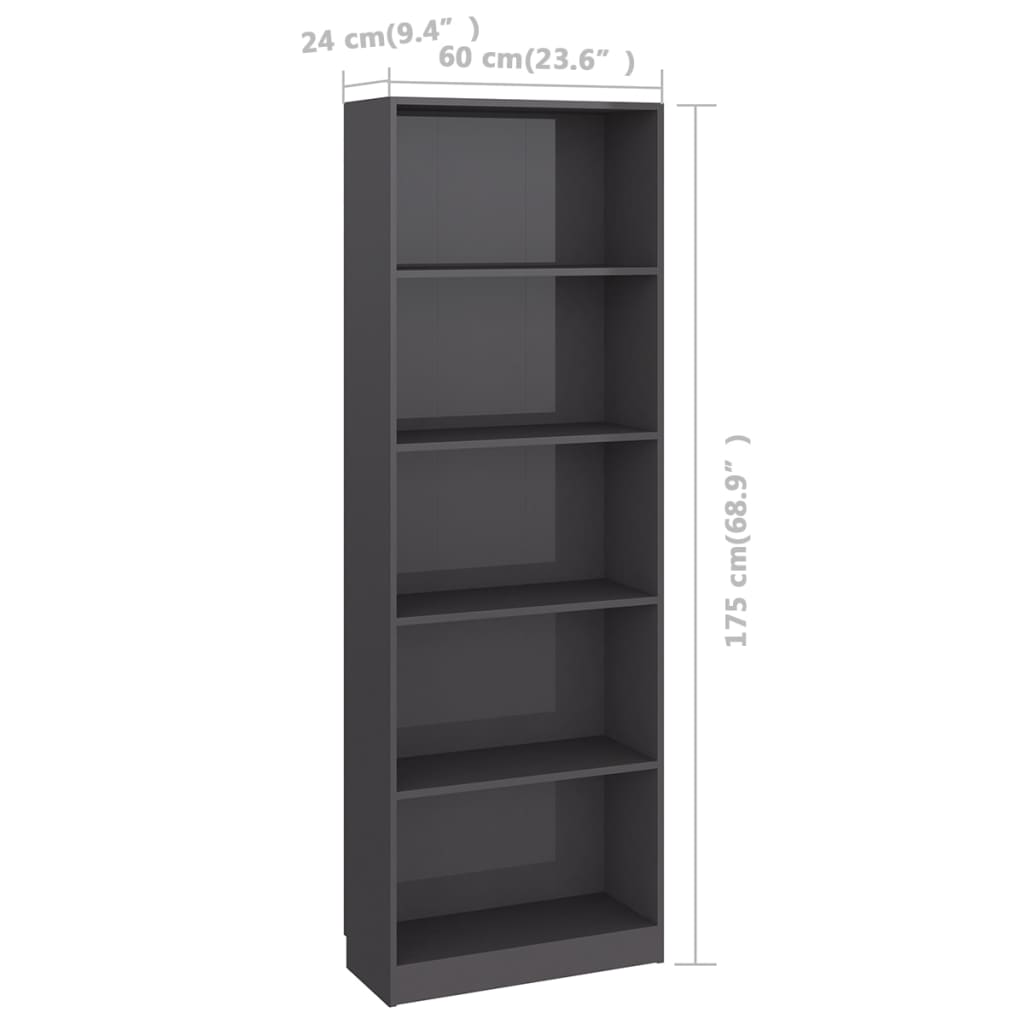 vidaXL 5-Tier Book Cabinet High Gloss Gray 23.6"x9.4"x68.9" Chipboard