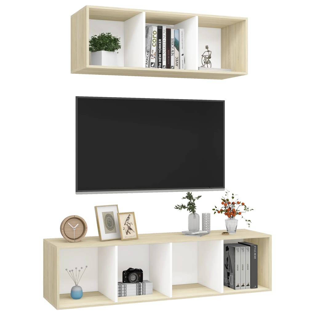 vidaXL 2 Piece TV Cabinet Set White and Sonoma Oak Engineered Wood