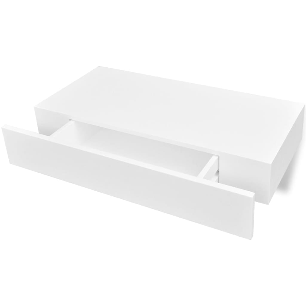 White MDF Floating Wall Display Shelf 1 Drawer Book/DVD Storage