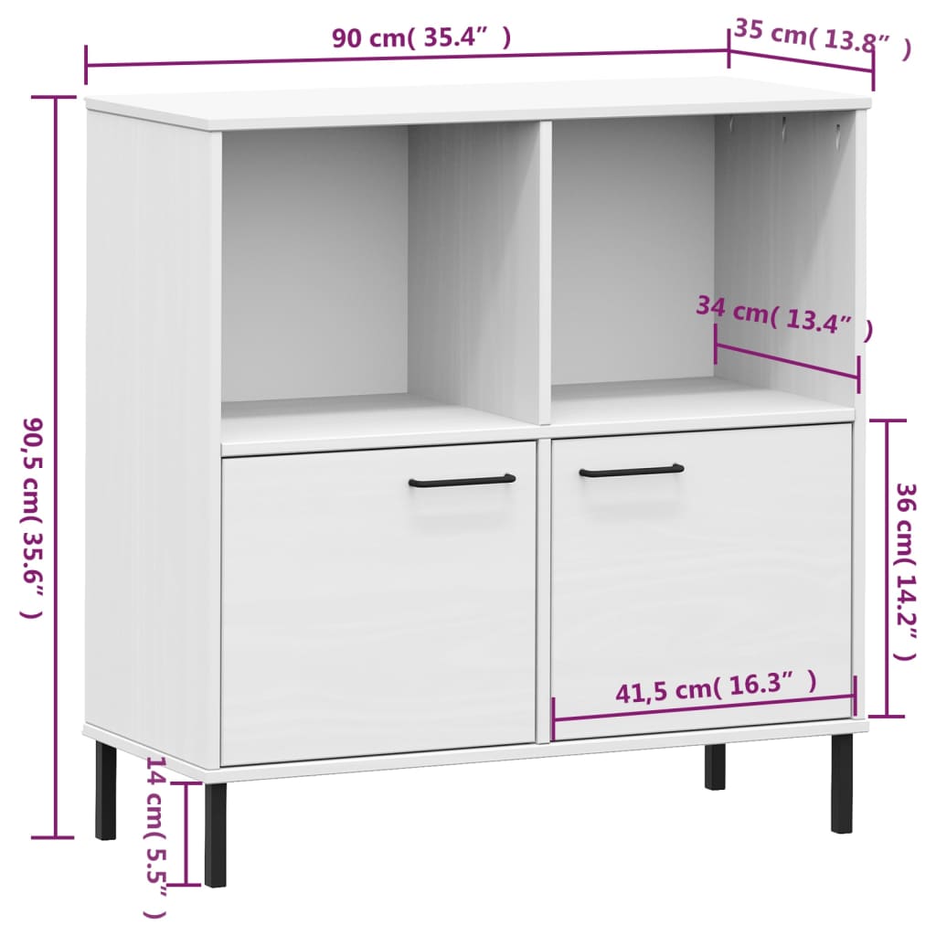 vidaXL Bookcase with Metal Legs White 35.4"x13.8"x35.6" Solid Wood OSLO