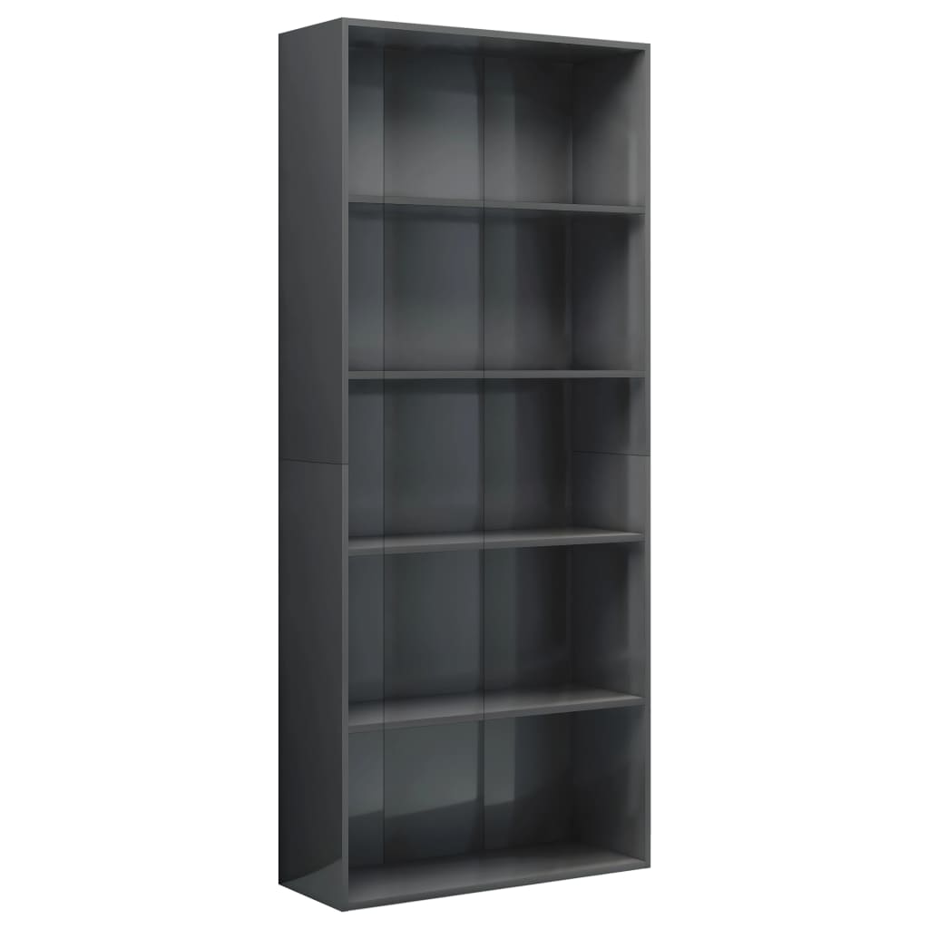 vidaXL 5-Tier Book Cabinet High Gloss Gray 31.5"x11.8"x74.4" Chipboard