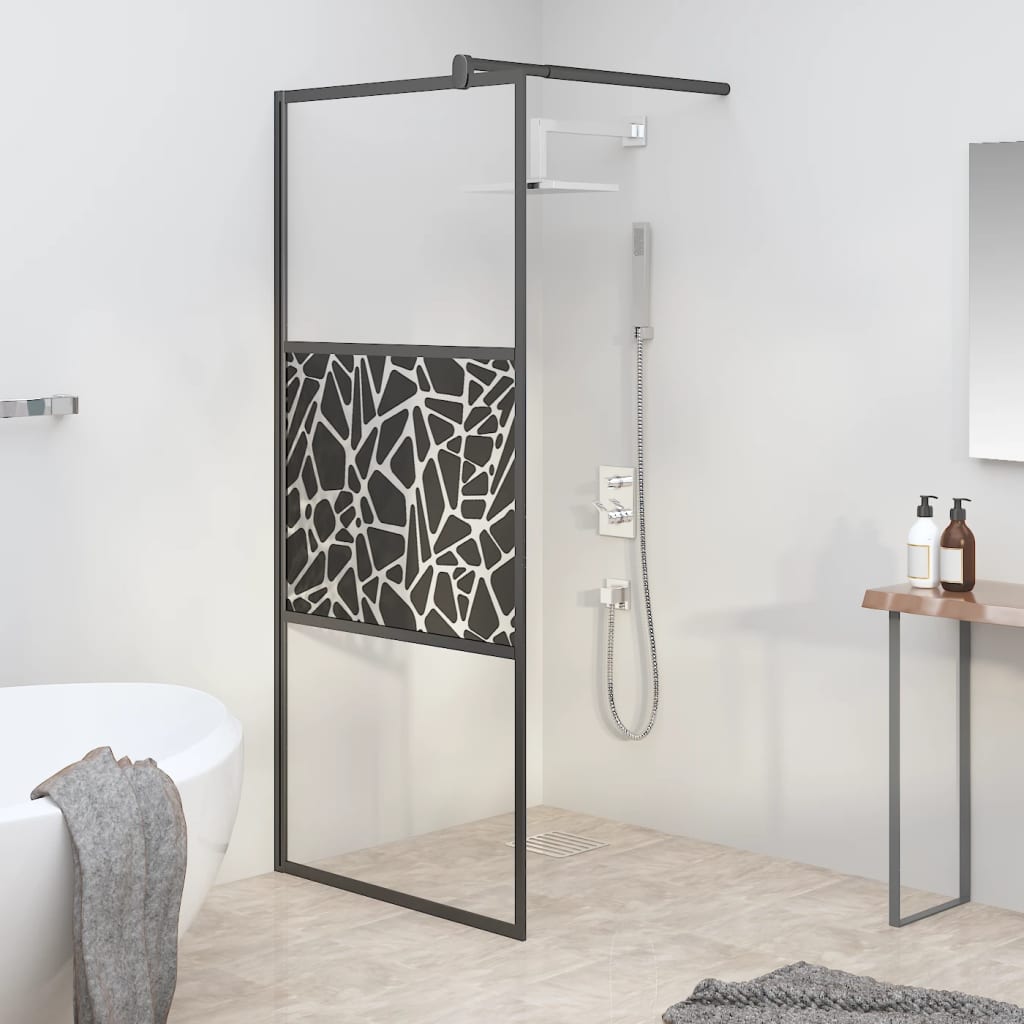 vidaXL Walk-in Shower Wall 31.5"x76.8" ESG Glass with Stone Design Black