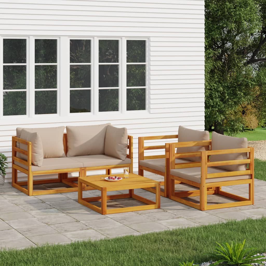 vidaXL 5 Piece Patio Lounge Set with Taupe Cushions Solid Wood