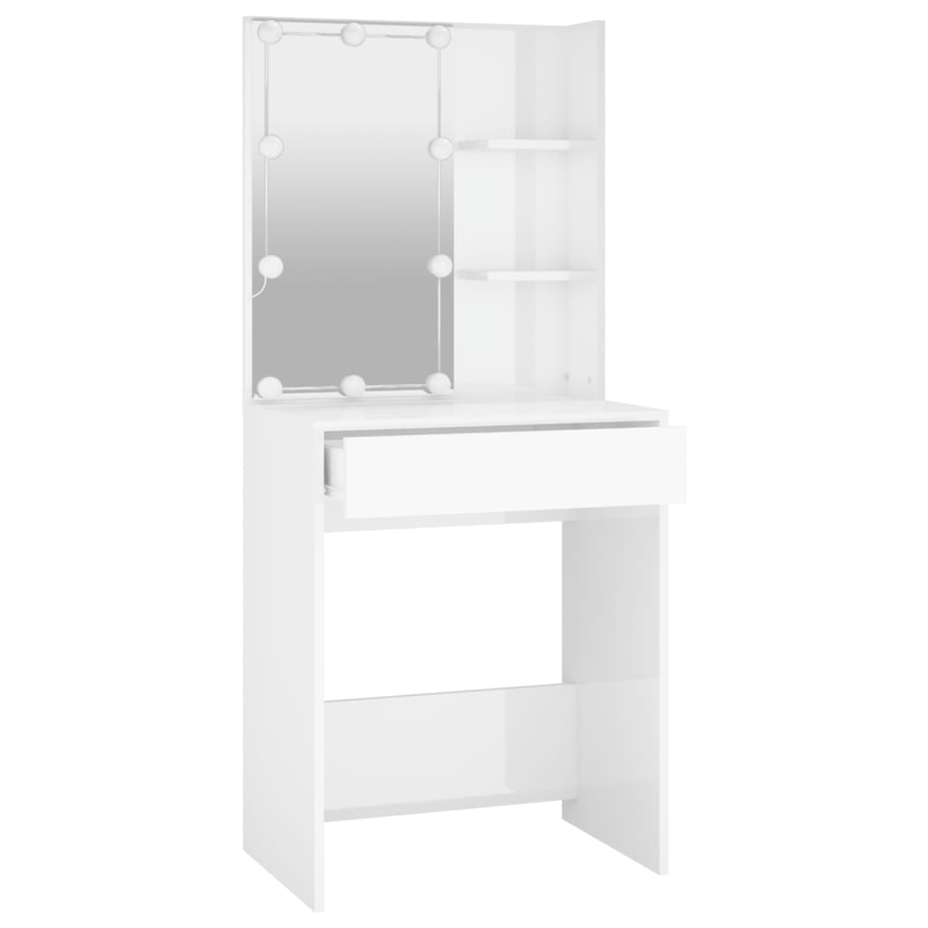 vidaXL Dressing Table with LED High Gloss White 23.6"x15.7"x55.1"