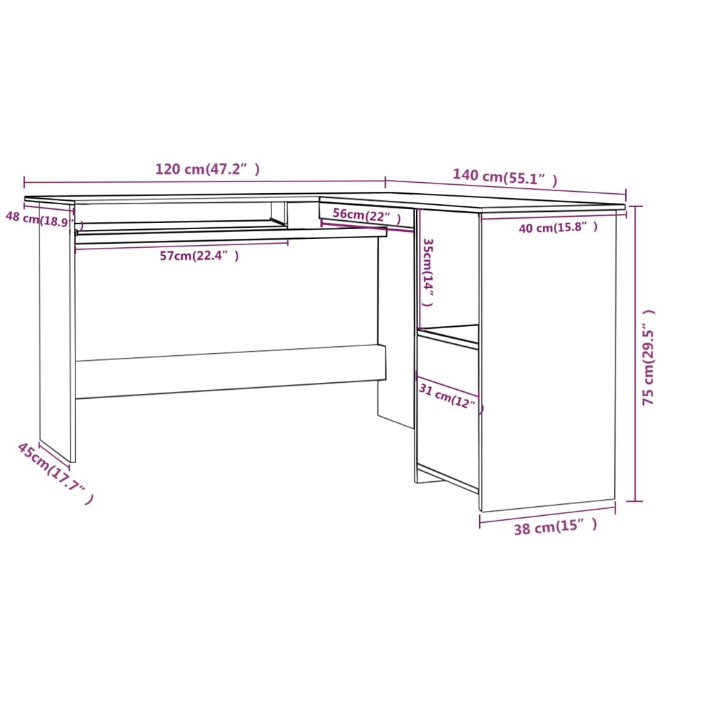 vidaXL L-Shaped Corner Desk Gray 47.2"x55.1"x29.5" Engineered Wood