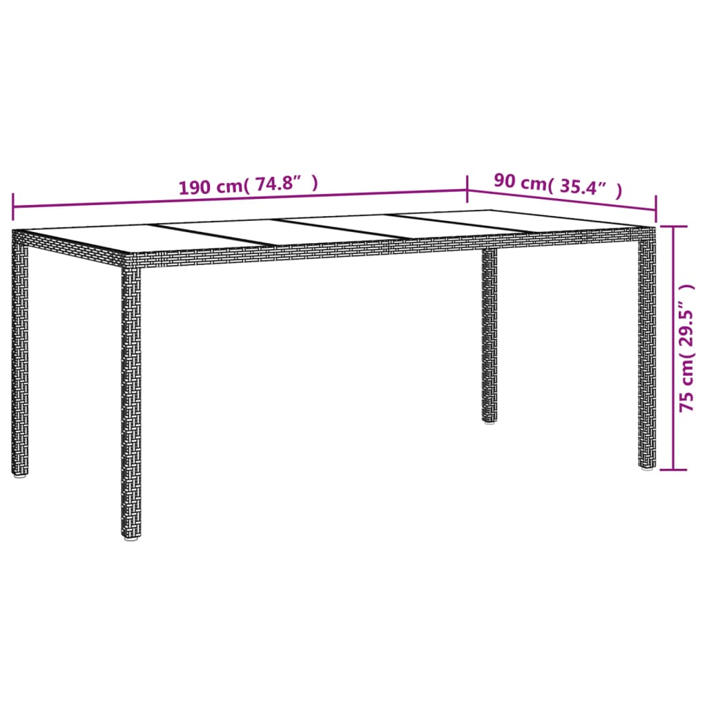 vidaXL Patio Table Gray 74.8"x35.4"x29.5" Tempered Glass and Poly Rattan