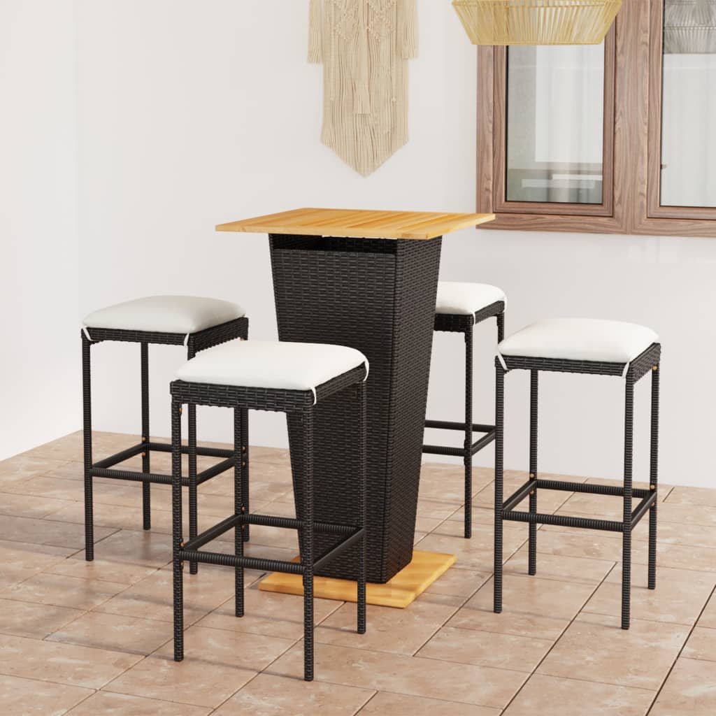 vidaXL 5 Piece Patio Bar Set with Cushions Poly Rattan Black