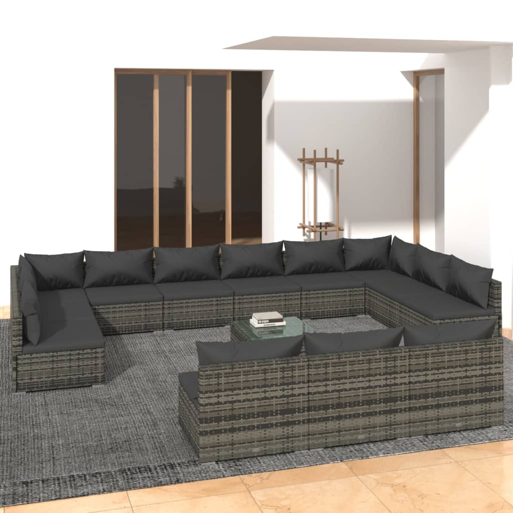 vidaXL 14 Piece Patio Lounge Set with Cushions Gray Poly Rattan