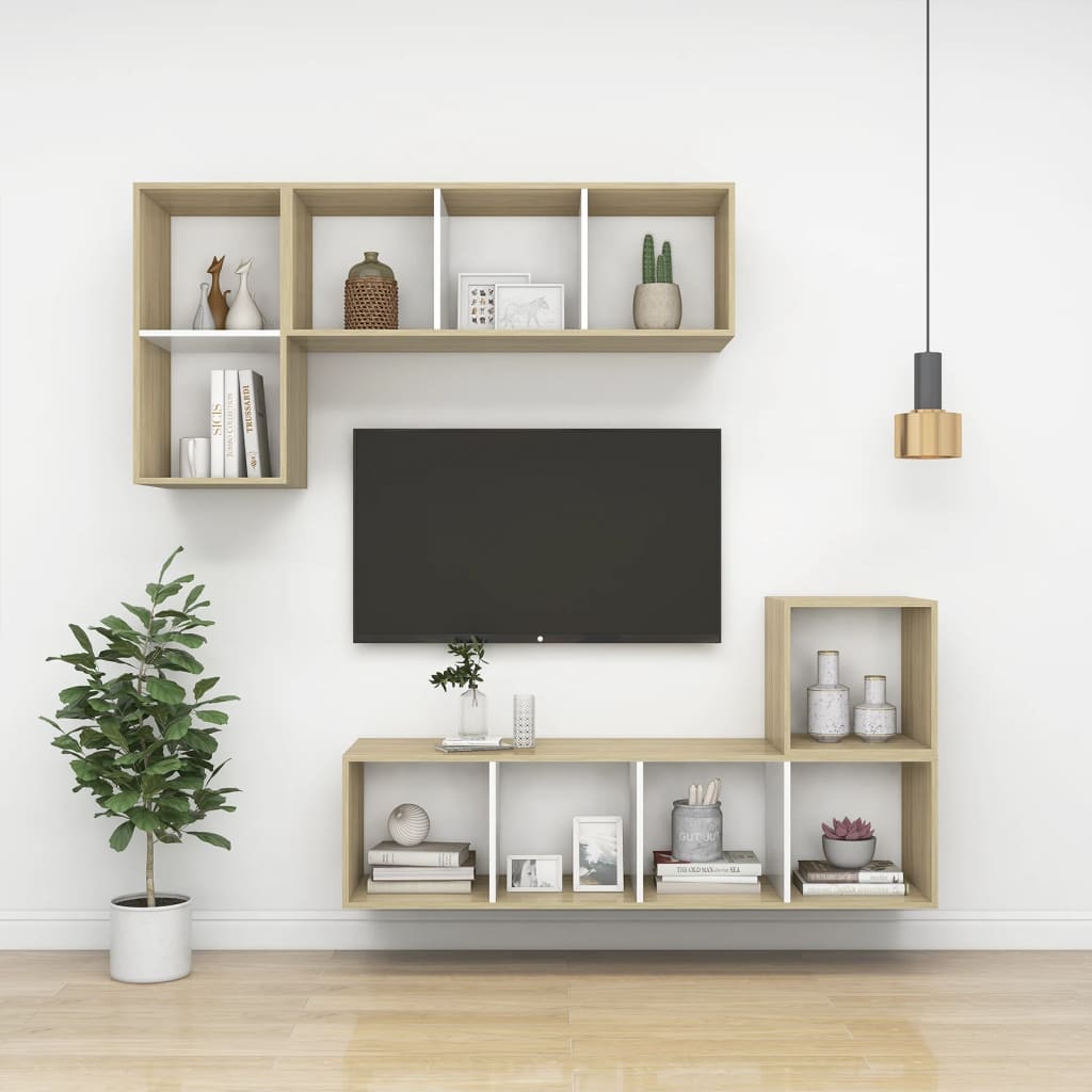 vidaXL Wall-mounted TV Stand Sonoma Oak and White 14.6"x14.6"x56.1" Engineered Wood