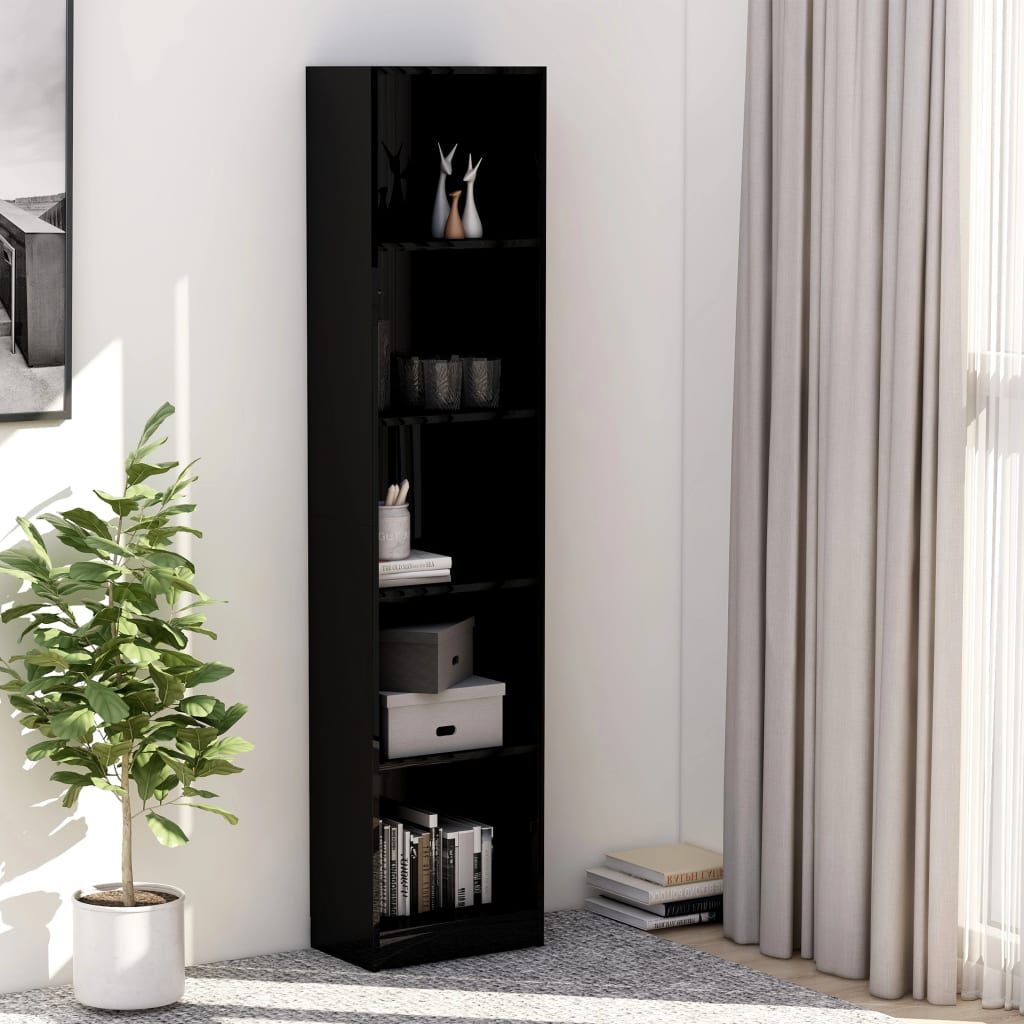 vidaXL 5-Tier Book Cabinet High Gloss Black 15.7"x9.4"x68.9" Engineered Wood