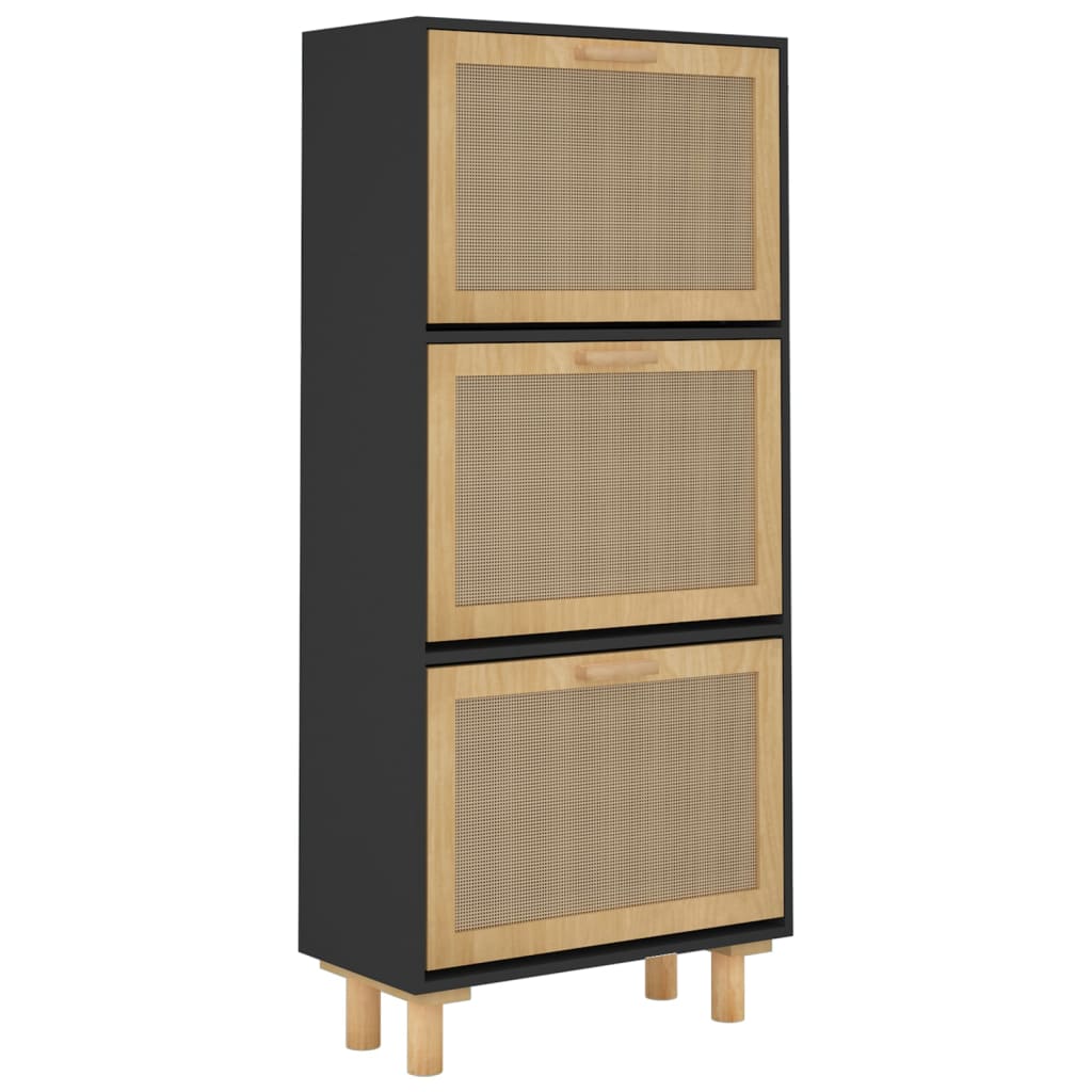 vidaXL Shoe Cabinet Black 20.5"x9.8"x45.3" Engineered Wood&Natural Rattan