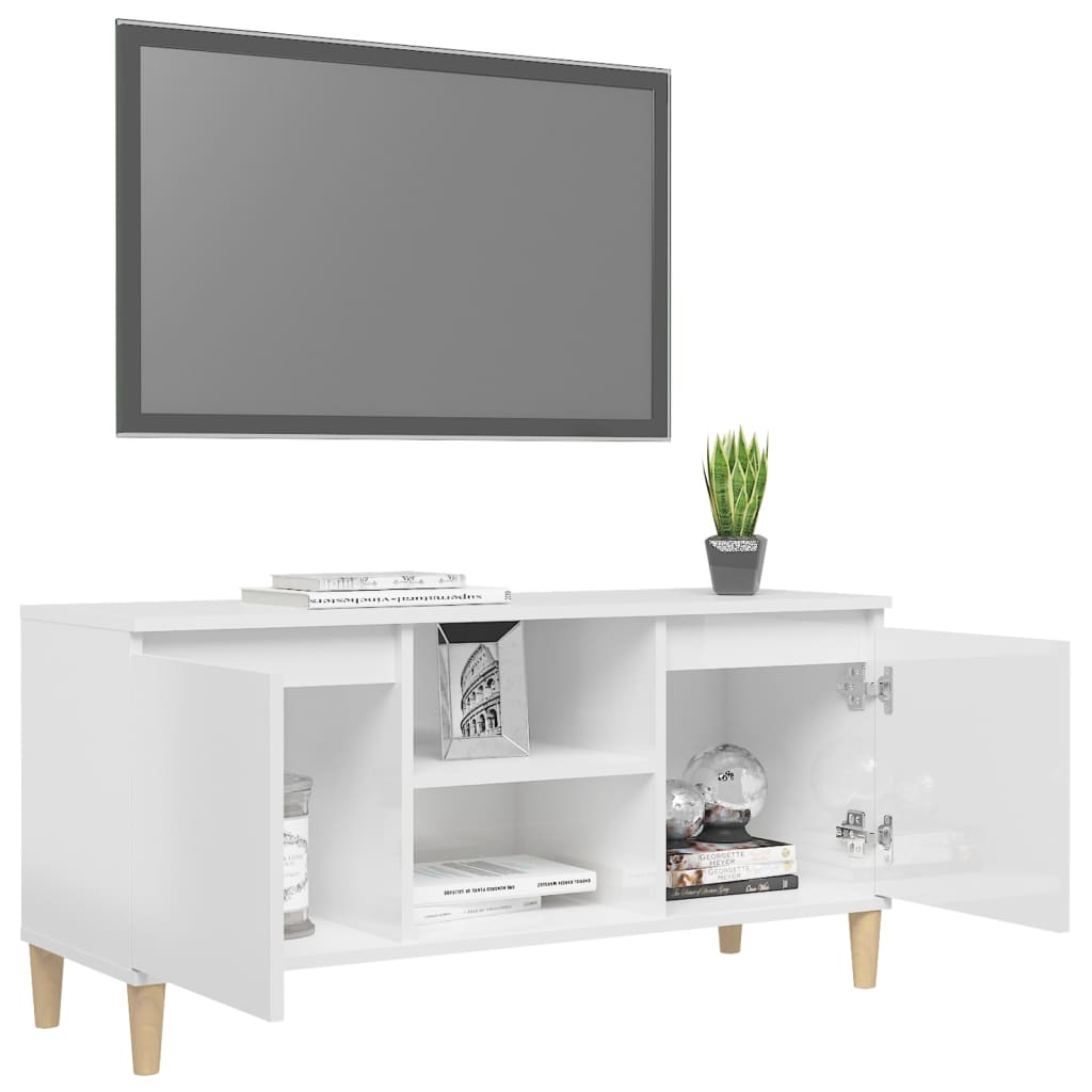 vidaXL TV Cabinet & Solid Wood Legs High Gloss White 40.7"x13.8"x19.7"