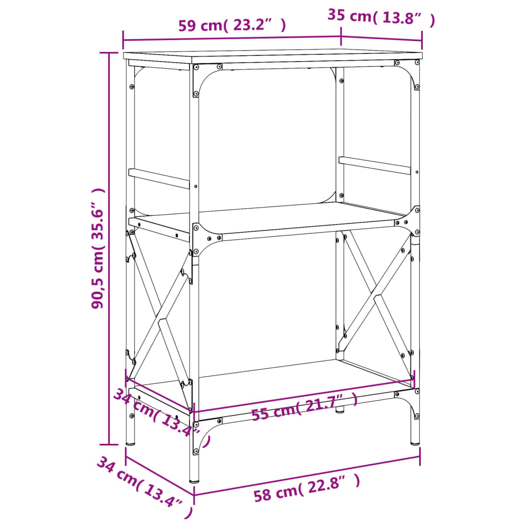 vidaXL Bookcase 3-Tier Black 23.2"x13.8"x35.6" Engineered Wood