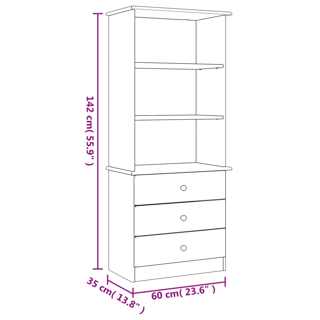 vidaXL Bookcase with Drawers ALTA White 23.6"x13.8"x55.9" Solid Wood Pine