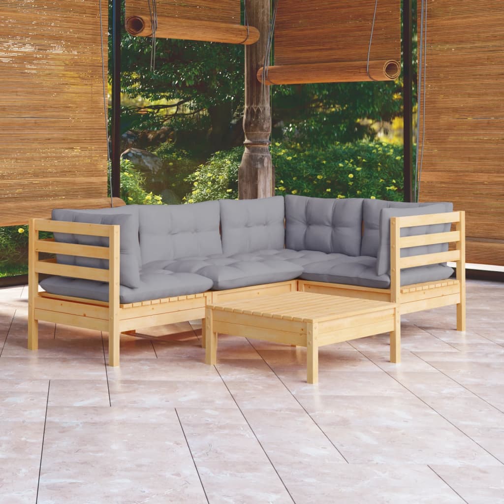 vidaXL 5 Piece Patio Lounge Set with Gray Cushions Pinewood