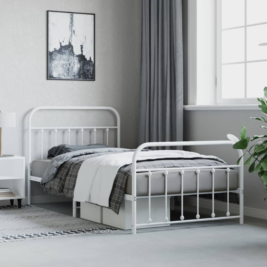 vidaXL Metal Bed Frame with Headboard and Footboard White 39.4"x78.7"