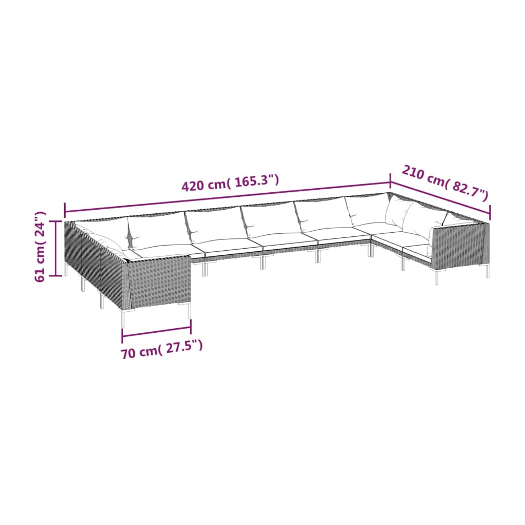 vidaXL 10 Piece Patio Lounge Set with Cushions Poly Rattan Dark Gray