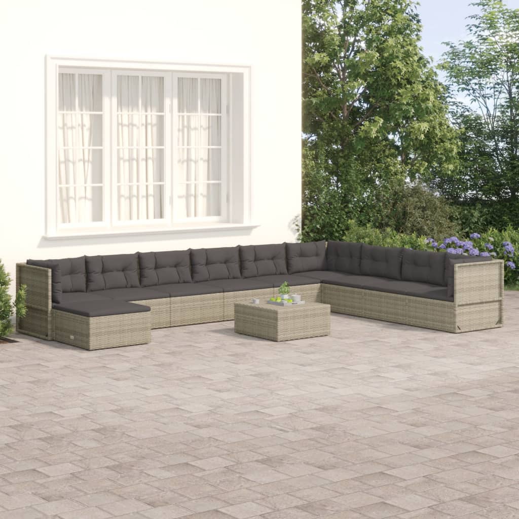 vidaXL 10 Piece Patio Lounge Set with Cushions Gray Poly Rattan
