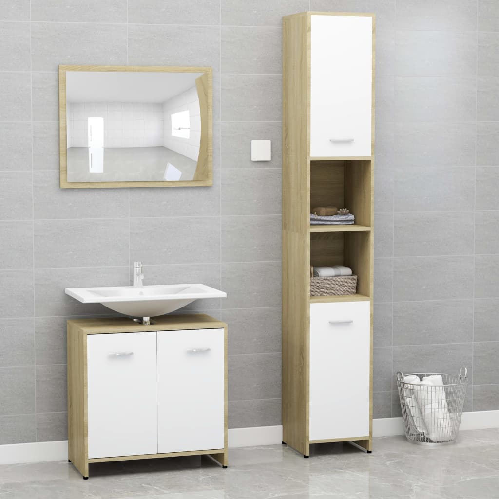vidaXL 3 Piece Bathroom Furniture Set White and Sonoma Oak Chipboard
