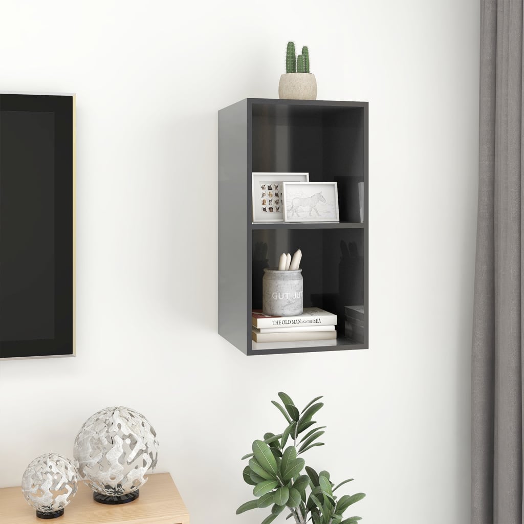 vidaXL Wall-mounted TV Cabinet High Gloss Gray 14.6"x14.6"x28.3" Chipboard