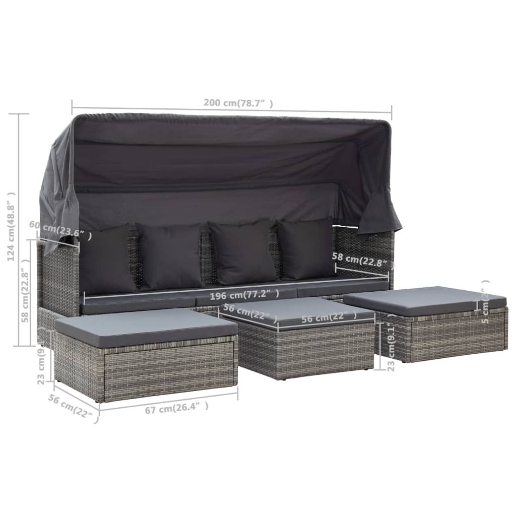 vidaXL Patio Lounge Bed with Roof Gray Poly Rattan