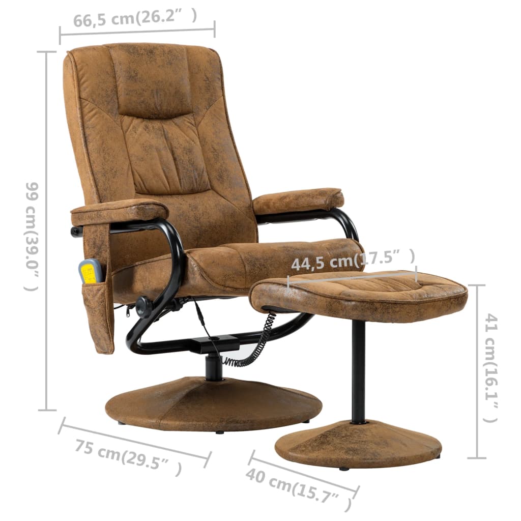 vidaXL Massage Recliner with Ottoman Brown Faux Suede Leather