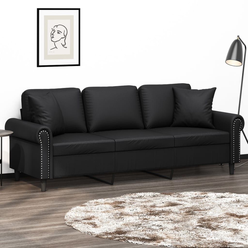 vidaXL 3-Seater Sofa with Pillows&Cushions Black 70.9" Faux Leather