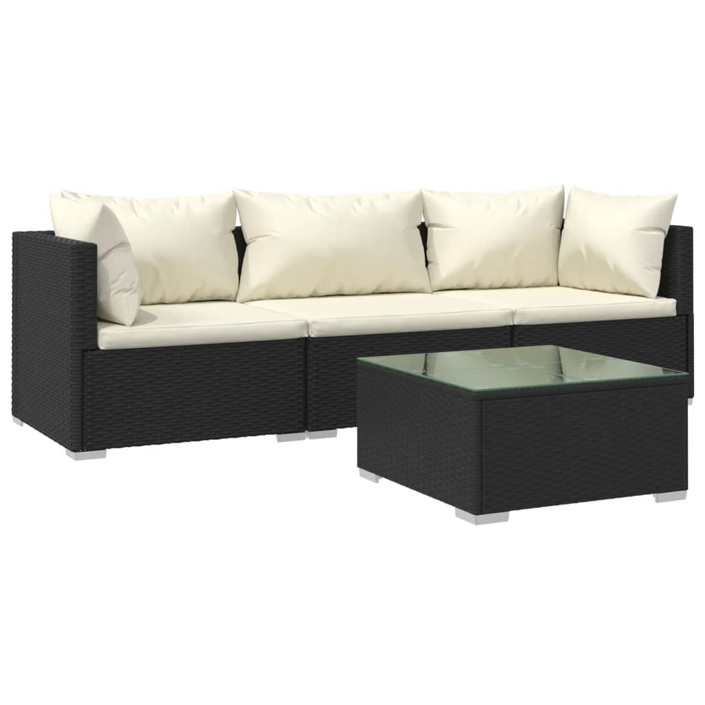 vidaXL Patio Furniture Set 4 Piece with Cushions Poly Rattan Black