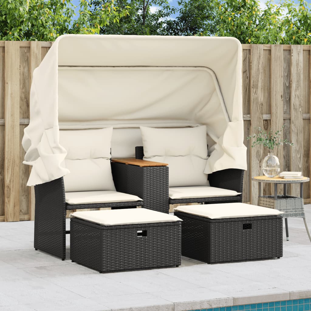 vidaXL Patio Sofa 2-Seater with Canopy and Stools Black Poly Rattan
