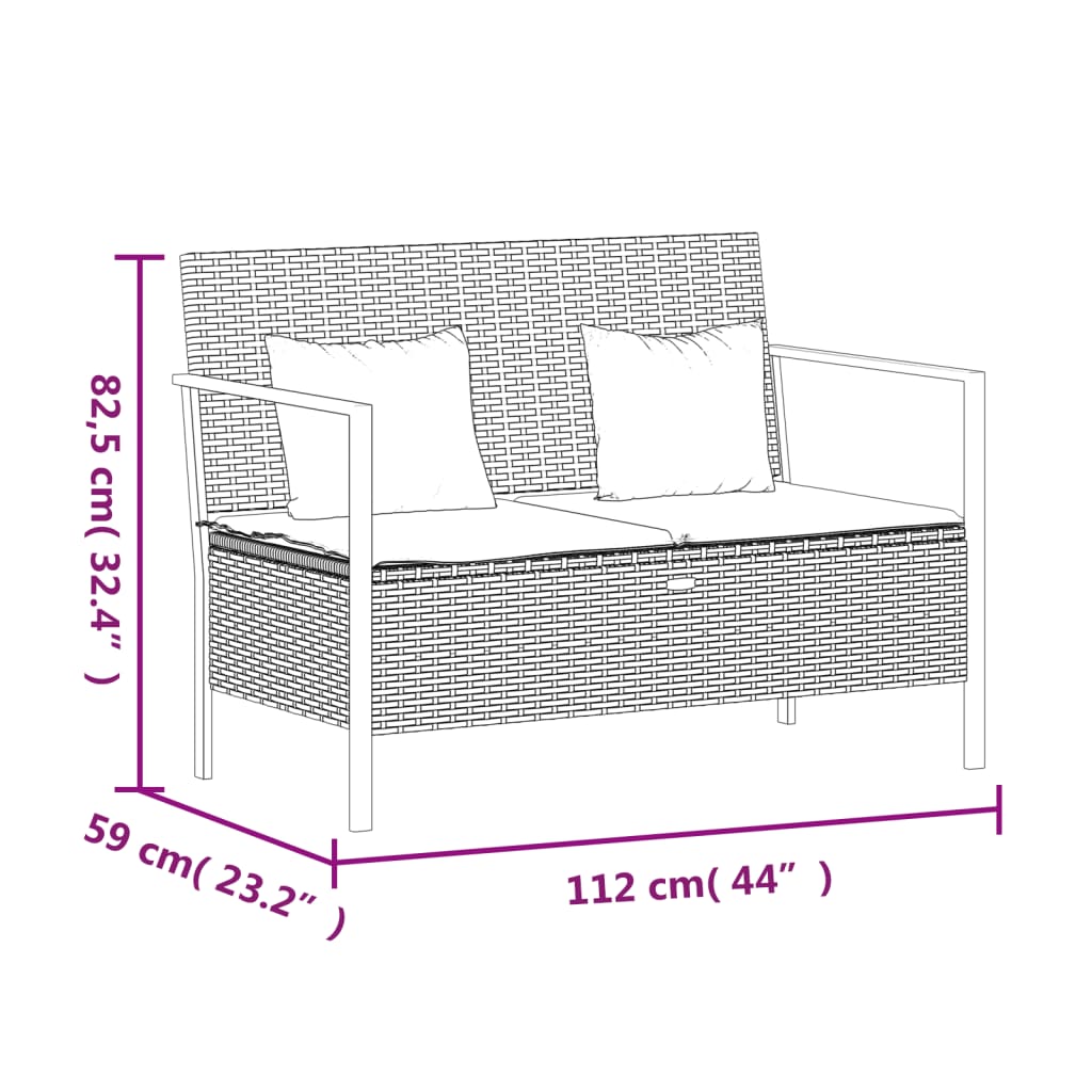 vidaXL 2-Seater Patio Bench with Cushions Brown Poly Rattan