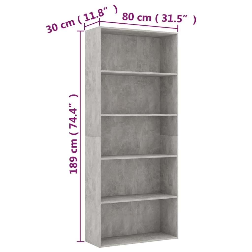 vidaXL 5-Tier Book Cabinet Concrete Gray 31.5"x11.8"x74.4" Engineered Wood