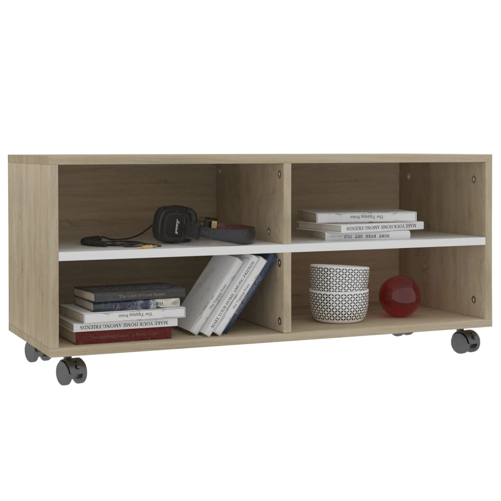 vidaXL TV Cabinet with Castors White and Sonoma Oak 35.4"x13.8"x13.8" Engineered Wood