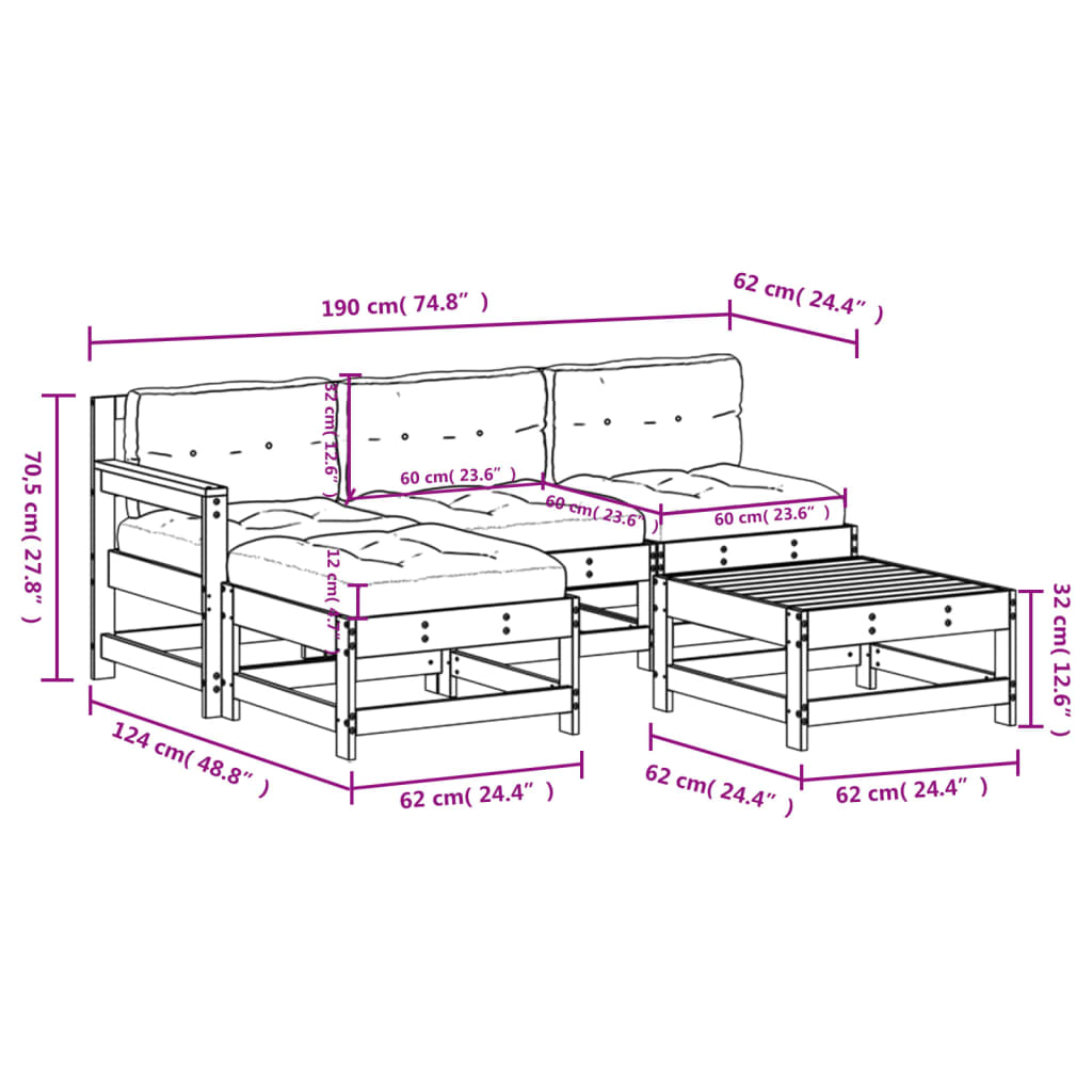 vidaXL 5 Piece Patio Lounge Set with Cushions Solid Wood