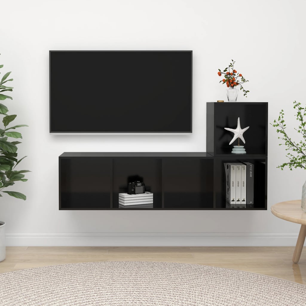 vidaXL 2 Piece TV Stand Set High Gloss Black Engineered Wood