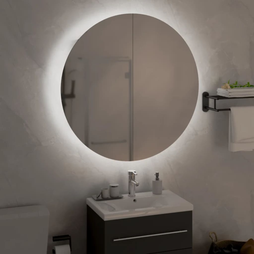 vidaXL Bathroom Cabinet with Round Mirror&LED Black 21.3"x21.3"x6.9"