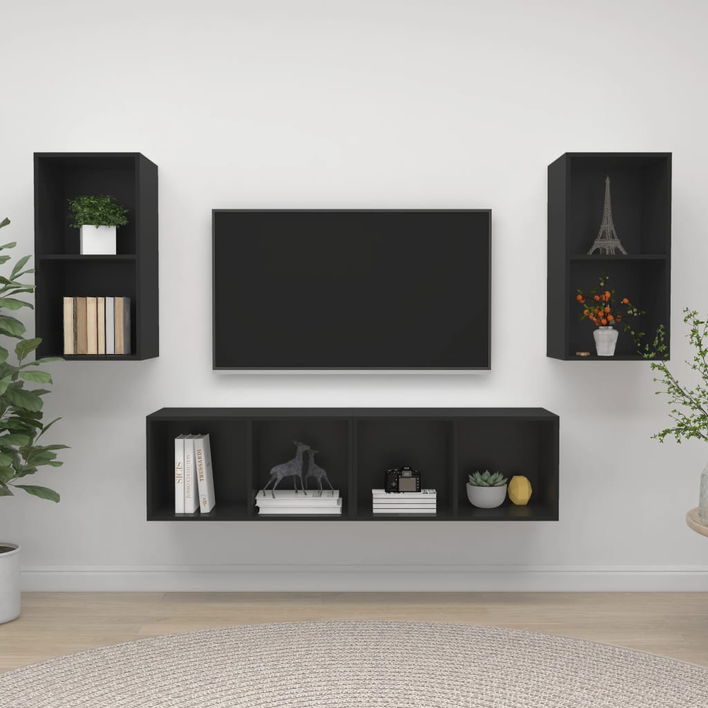 vidaXL Wall-mounted TV Stands 4 Pcs Black Engineered Wood