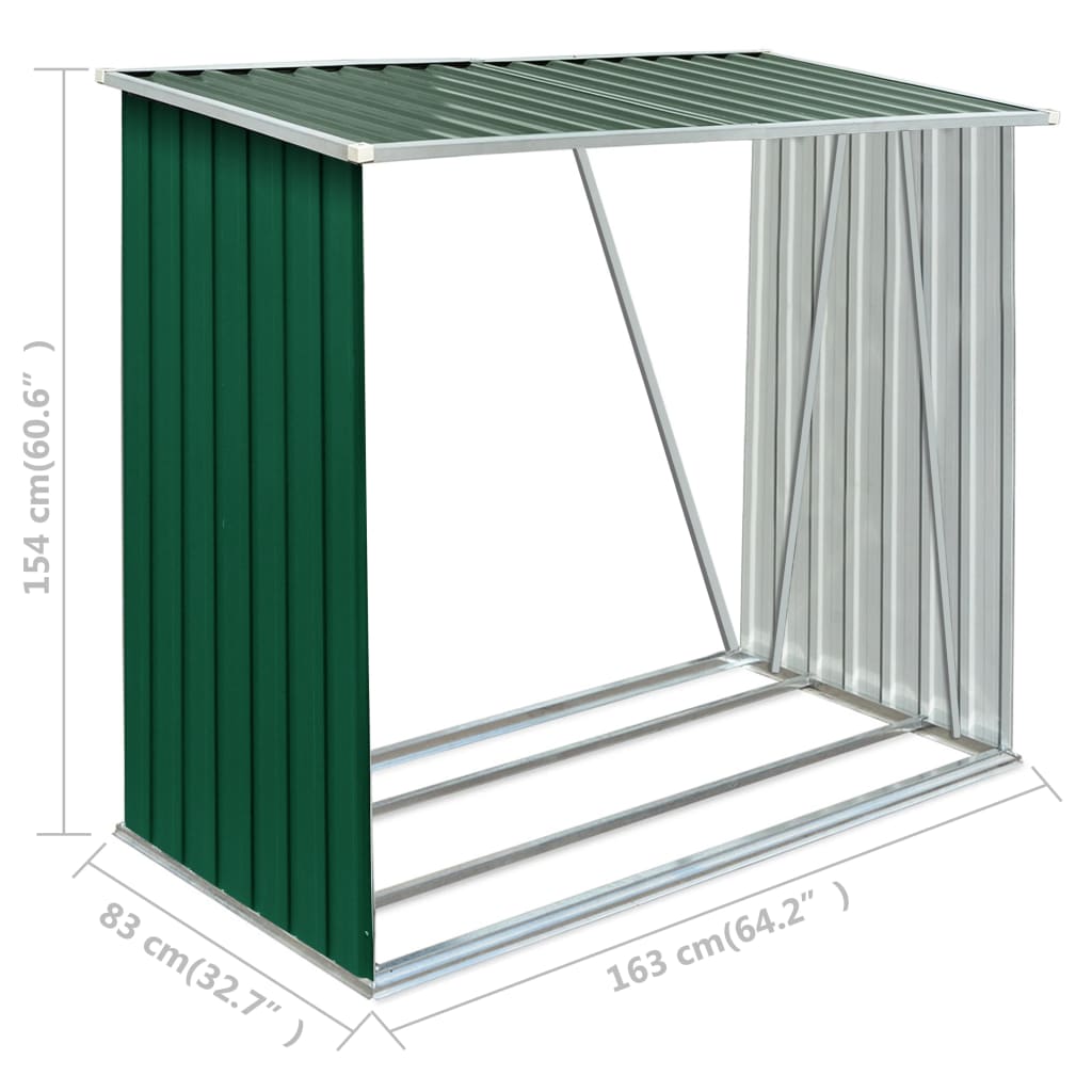 vidaXL Garden Log Storage Shed Galvanized Steel 64.2"x32.7"x60.6" Green