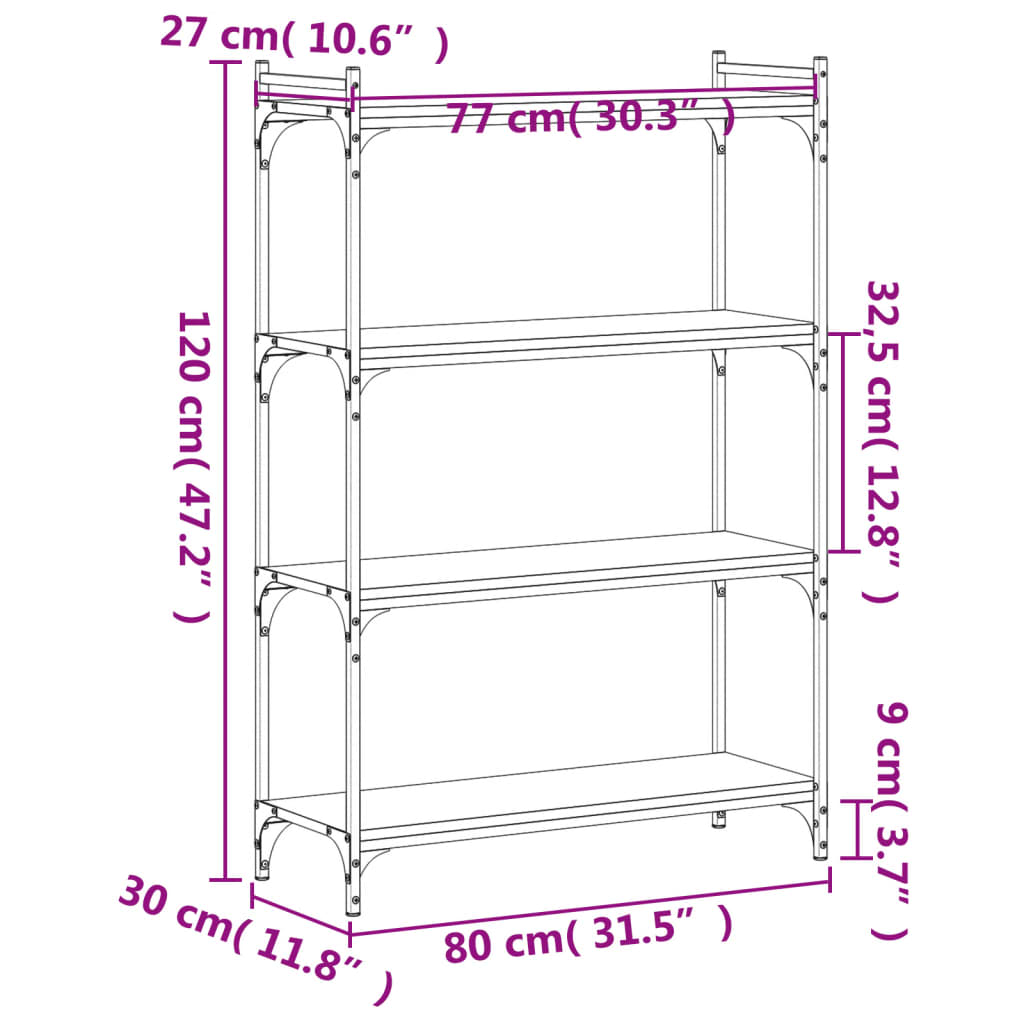 vidaXL Bookcase 4-Tier Black 31.5"x11.8"x47.2" Engineered Wood