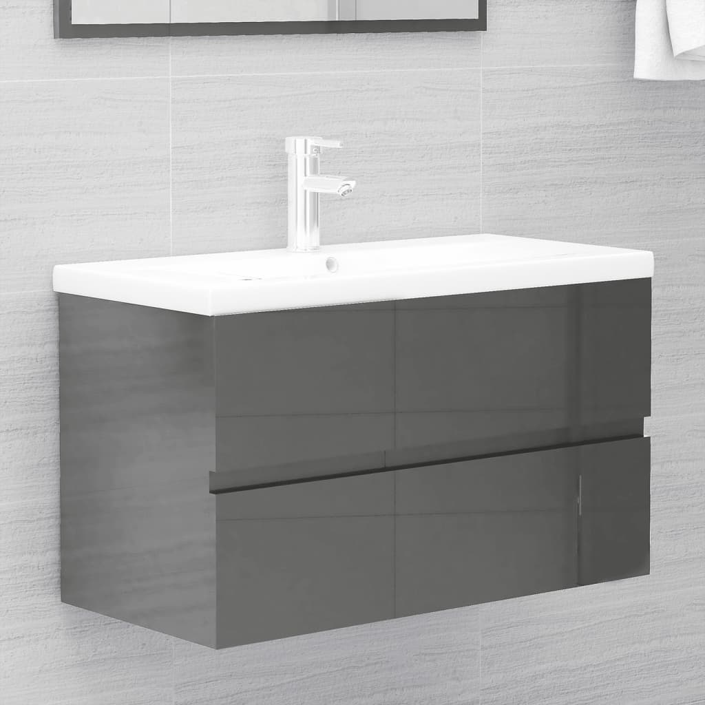vidaXL 2 Piece Bathroom Furniture Set High Gloss Gray Engineered Wood