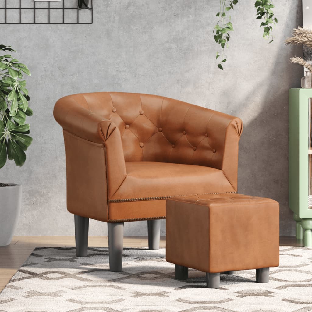 vidaXL Tub Chair with Footstool Brown Faux Leather