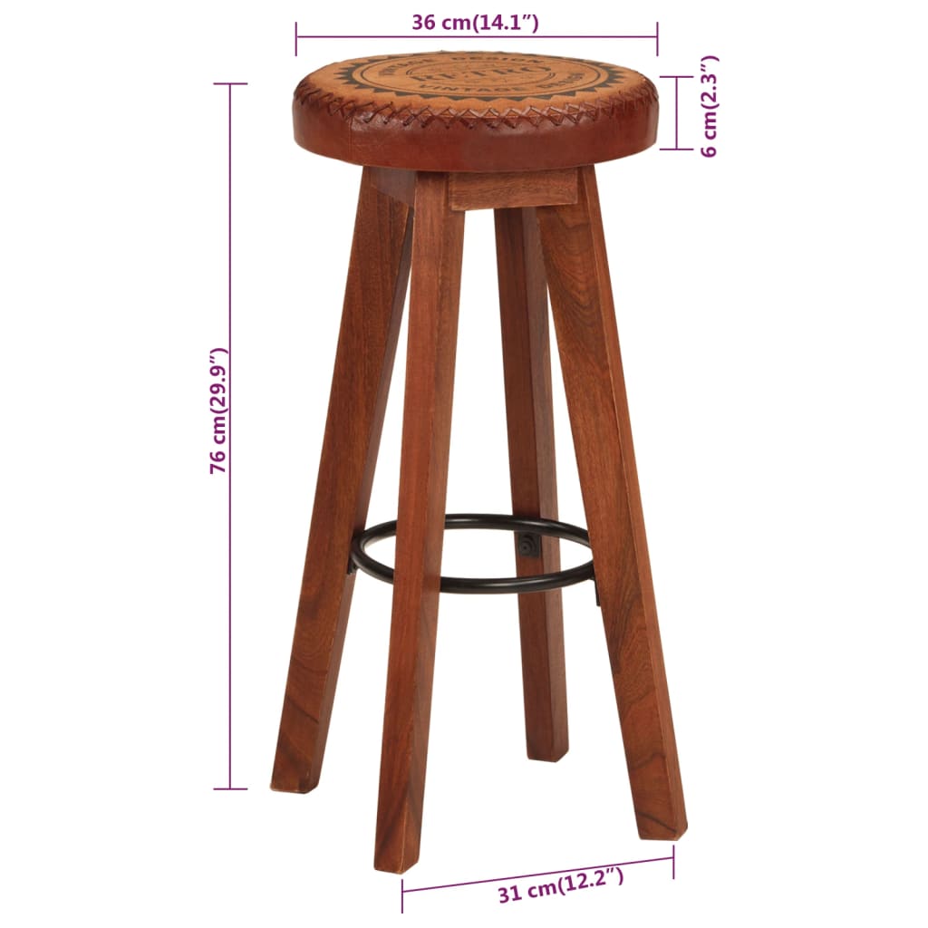 vidaXL Bar Stools 2 pcs Real Leather and Solid Wood Acacia